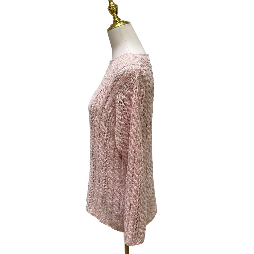 Liz Claiborne Petite Studio Sweater S Pink Cable Knit Pointelle Coastal Coquette - Picture 3 of 8